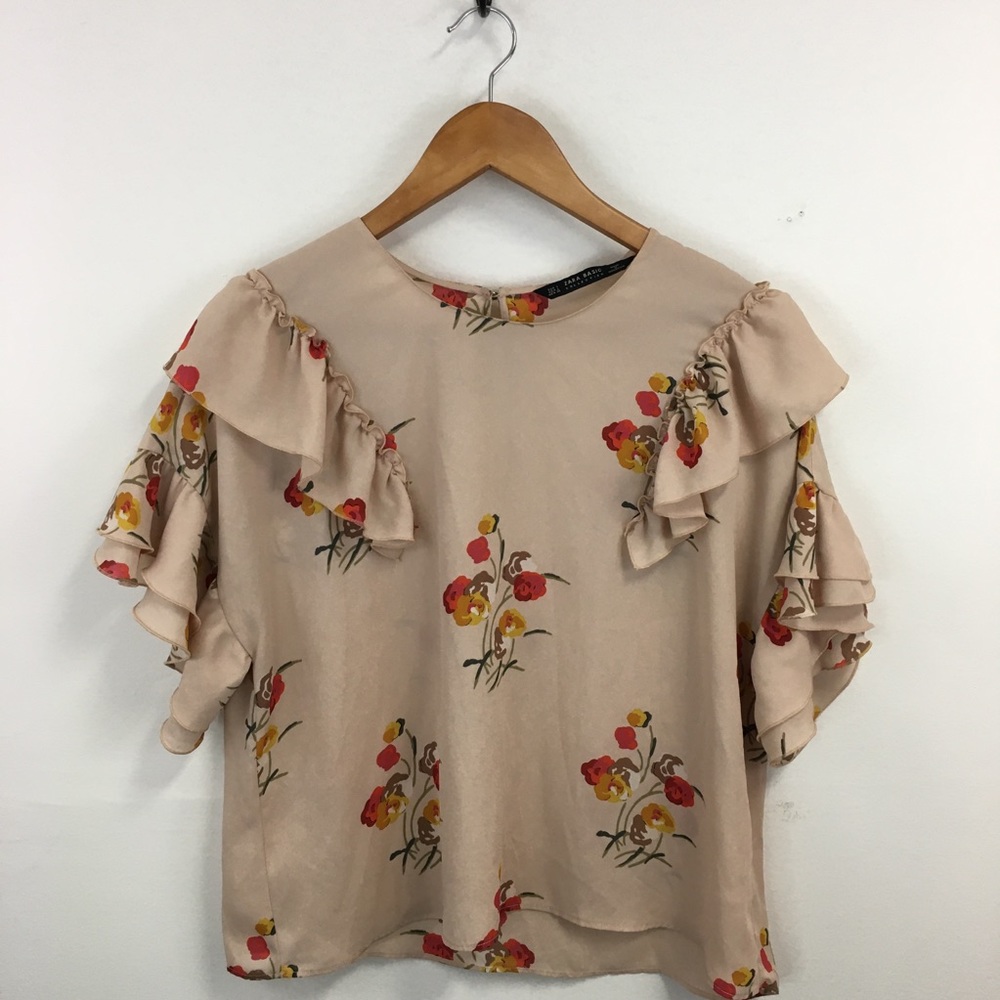 Zara floral chiffon ruffle blouse top key key hole closure